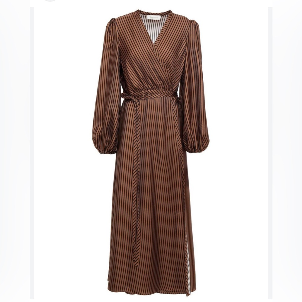 Zimmermann Gathered Striped satin-twill midi wrap dress size 3